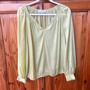 Loft Lime Green Small Dots Design Sheer Blouse Women's Elastic Waist, Size Small